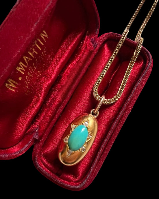 ANTIQUE TURQUOISE & DIAMOND 18CT GOLD EGG PENDANT