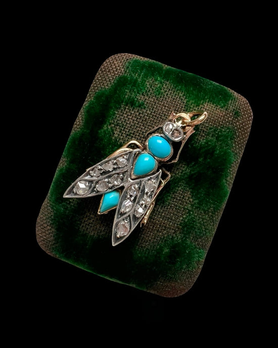 ANTIQUE DIAMOND & TURQUOISE SET FLY PENDANT