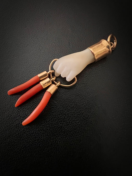 MOTHER OF PEARL & CORAL HAND PENDANT