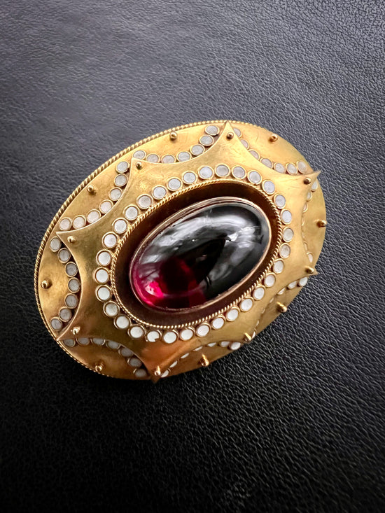 LARGE VICTORIAN 15CT GOLD, GARNET & ENAMEL BROOCH