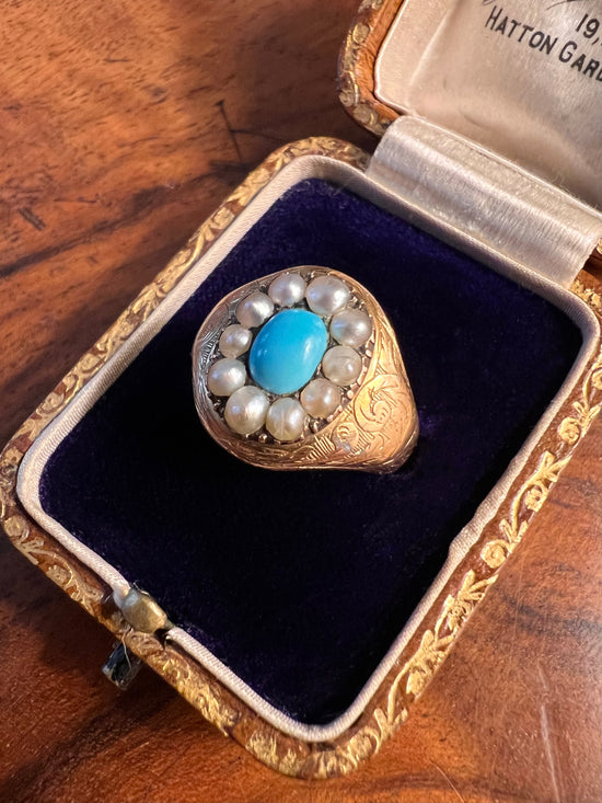 CHUNKY PEARL & TURQUOISE CLUSTER RING