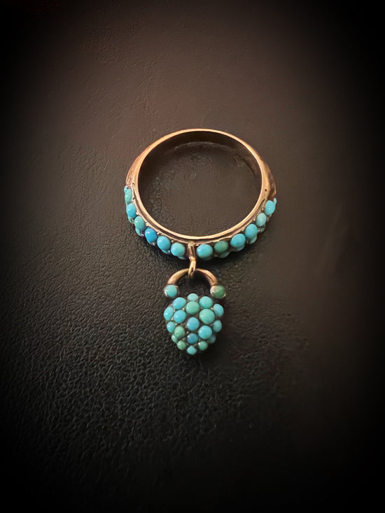 VICTORIAN TURQUOISE PAVE HEART PADLOCK RING