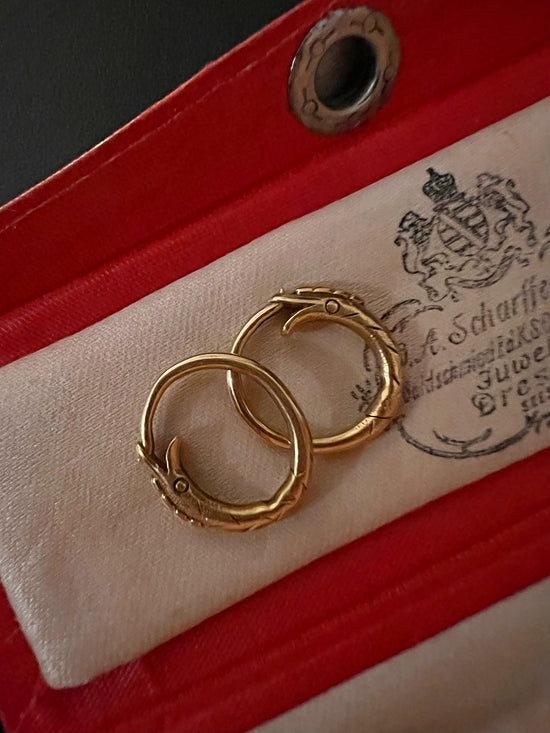 EARLY 19TH CENTURY 18CT GOLD OUROBOROS SNAKE HOOP EARRINGS