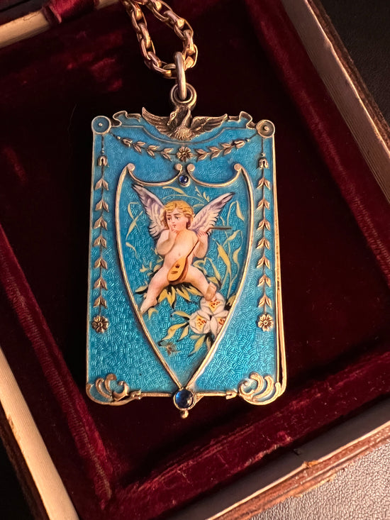 FRENCH ANTIQUE CHERUB ENAMEL PENDANT / MIRROR