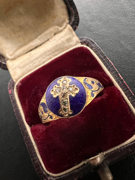 DIAMOND CROSS & ENAMEL RING