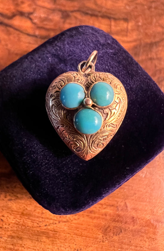 VICTORIAN 18CT GOLD & TURQUOISE HEART HEART